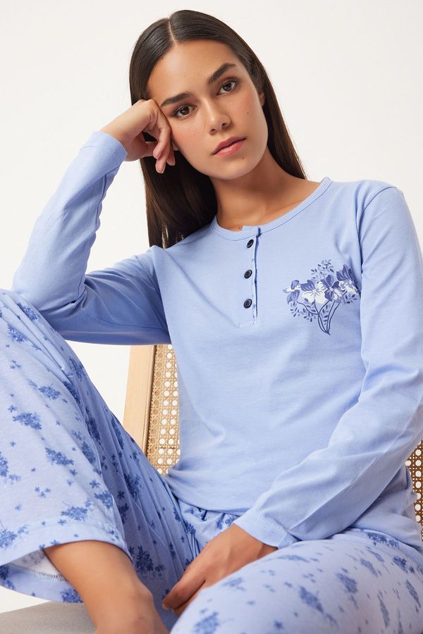 Happiness İstanbul Happiness İstanbul Women's Light Lilac Buttoned T-Shirt Floral Pants Knitted Pajama Set