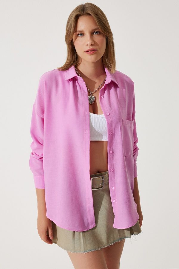 Happiness İstanbul Happiness İstanbul Women's Light Pink Oversize Linen Ayrobin Shirt