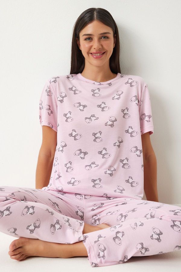 Happiness İstanbul Happiness İstanbul Women's Light Pink Patterned Viscose Trousers T-Shirt Pajama Set