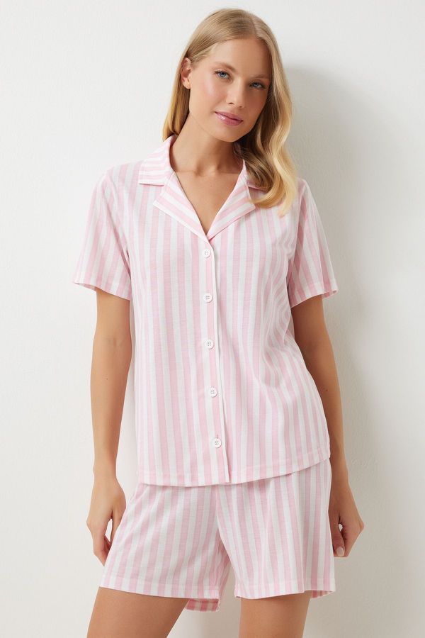 Happiness İstanbul Happiness İstanbul Women's Light Pink White Striped Viscose Shorts Shirt Pajama Set