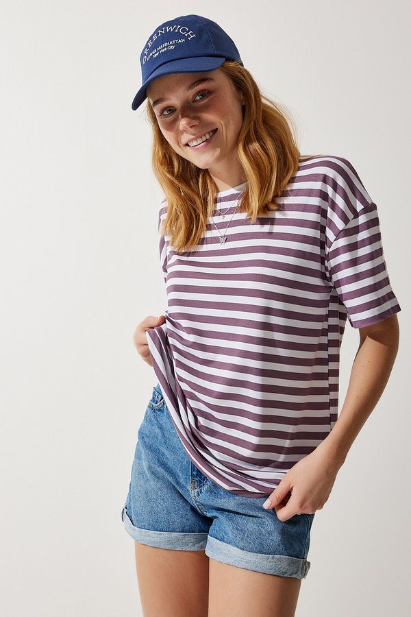 Happiness İstanbul Happiness İstanbul Women's Lilac Crew Neck Striped Oversize Knitted T-Shirt
