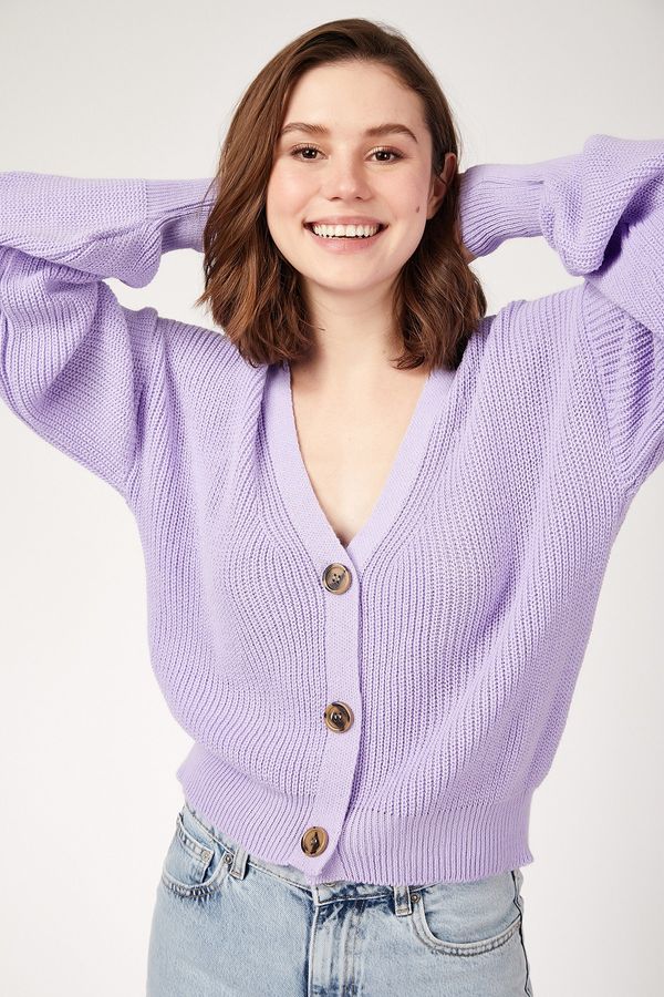 Happiness İstanbul Happiness İstanbul Women's Lilac V-Neck Buttoned Knitwear Cardigan