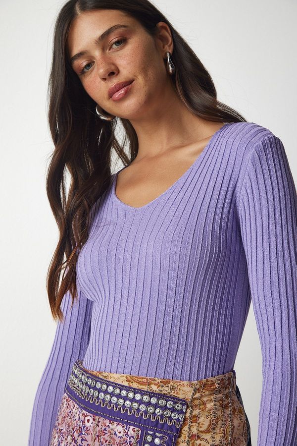 Happiness İstanbul Happiness İstanbul Women's Lilac V-Neck Corduroy Basic Blouse