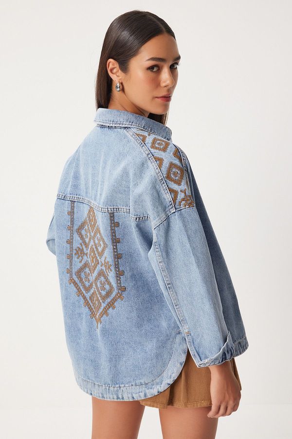 Happiness İstanbul Happiness İstanbul Women's Medium Blue Ethnic Embroidered Gabardine Shirt Jacket