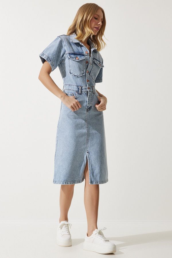 Happiness İstanbul Happiness İstanbul Women's Medium Blue Slit Denim Dress