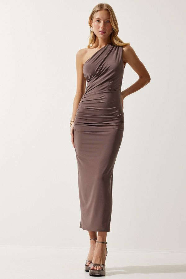 Happiness İstanbul Happiness İstanbul Women's Mink One Shoulder Gathered Saran Sandy Dress