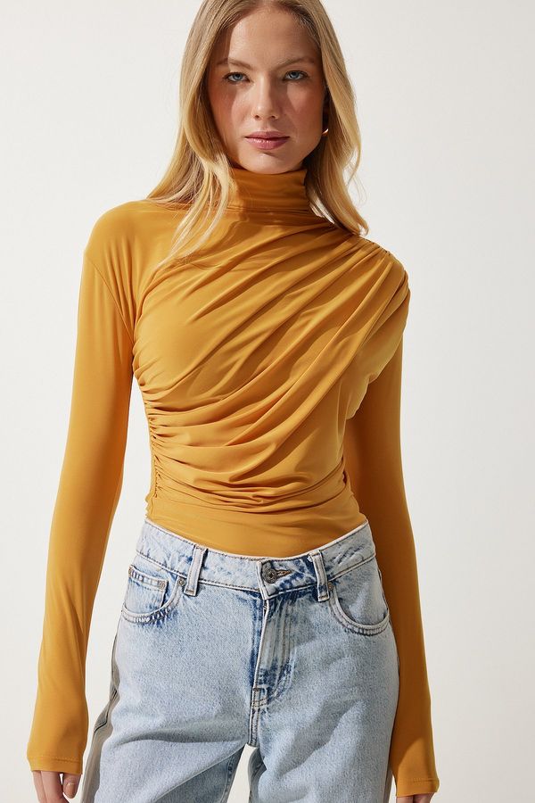 Happiness İstanbul Happiness İstanbul Women's Mustard Gather Detailed High Collar Sandy Blouse