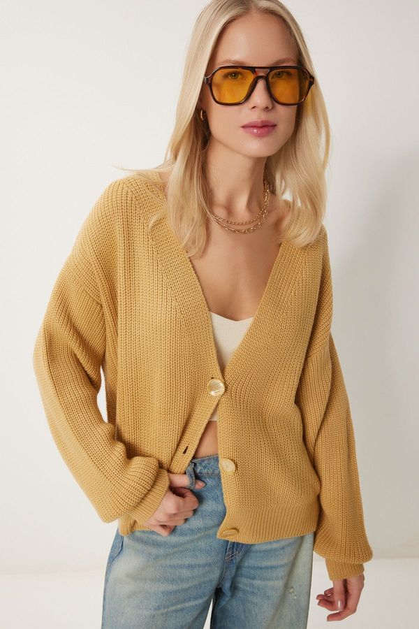 Happiness İstanbul Happiness İstanbul Women's Mustard V-Neck Buttoned Knitwear Cardigan