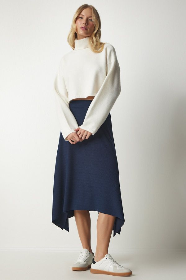 Happiness İstanbul Happiness İstanbul Women's Navy Asymmetrical Cut Ribbed Knitted Skirt