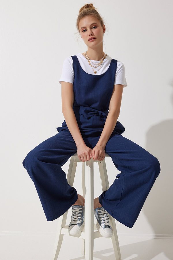 Happiness İstanbul Happiness İstanbul Women's Navy Blue Belted Linen Jumpsuit