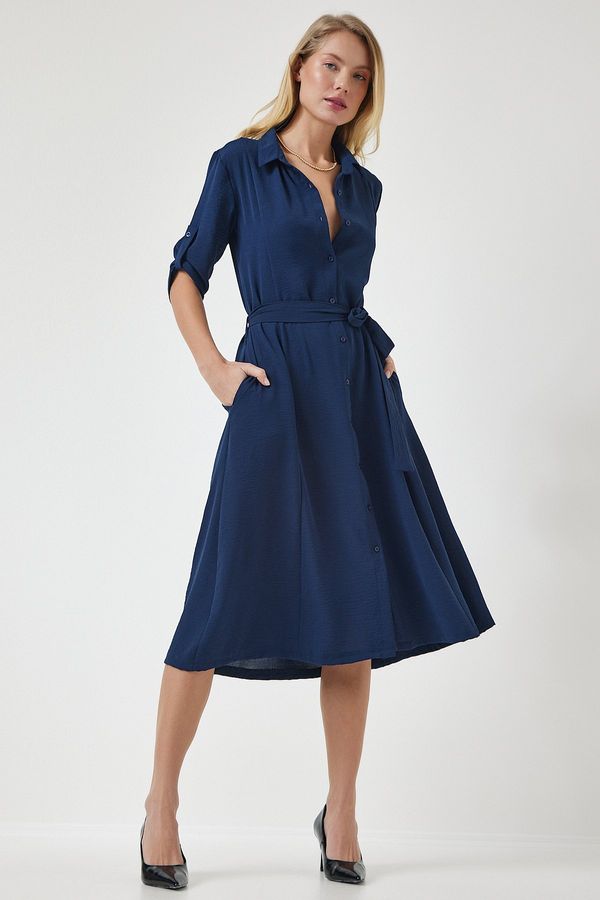 Happiness İstanbul Happiness İstanbul Women's Navy Blue Belted Shirt Dress