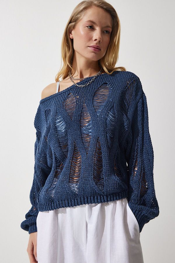 Happiness İstanbul Happiness İstanbul Women's Navy Blue Boat Neck Seasonal Openwork Knitwear Sweater