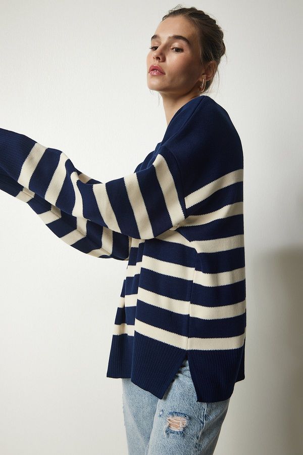 Happiness İstanbul Happiness İstanbul Women's Navy Blue Bone Striped Oversize Knitwear Sweater