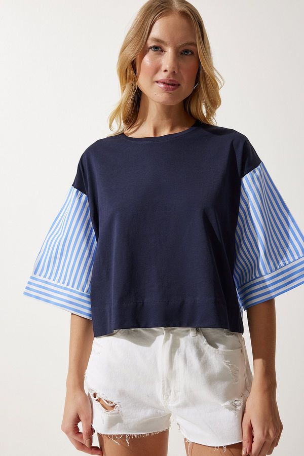 Happiness İstanbul Happiness İstanbul Women's Navy Blue Color Block Color Combed Cotton Poplin Blouse