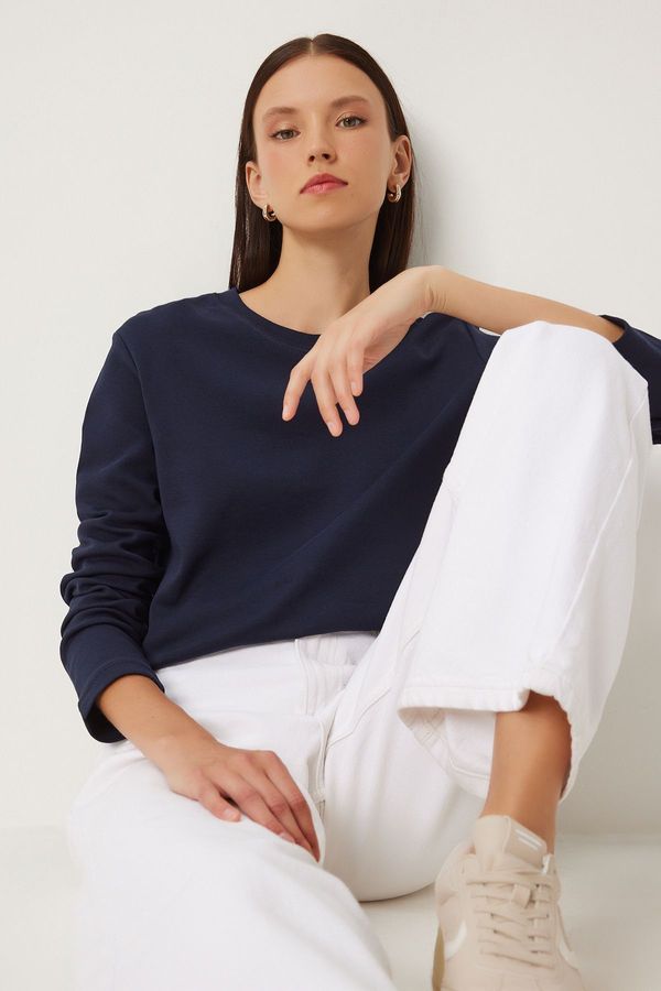 Happiness İstanbul Happiness İstanbul Women's Navy Blue Cotton Basic Knitted Blouse