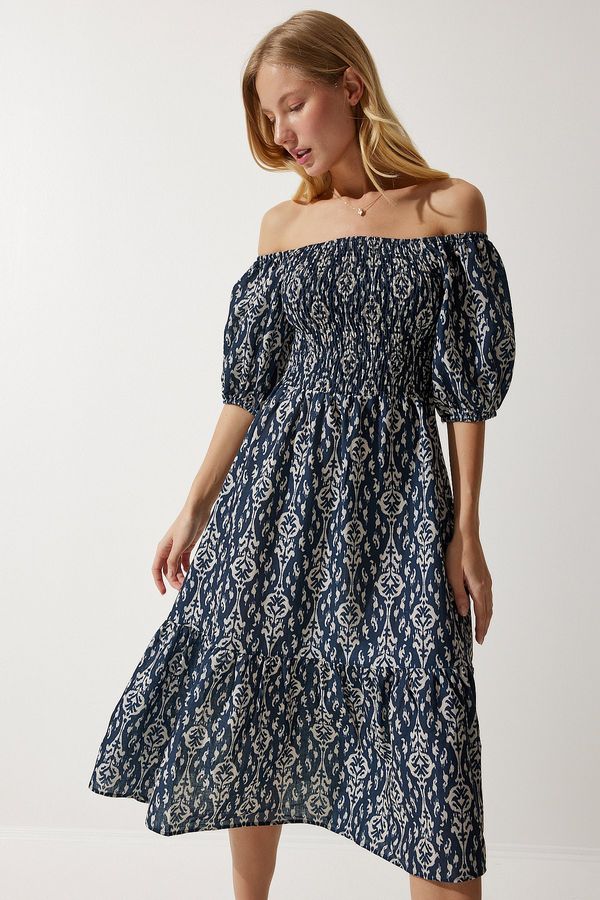 Happiness İstanbul Happiness İstanbul Women's Navy Blue Cream Patterned Summer Woven Dress