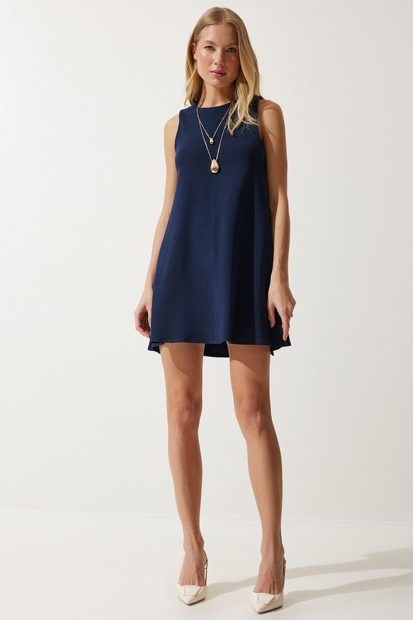 Happiness İstanbul Happiness İstanbul Women's Navy Blue Crew Neck Summer Woven Bell Dress