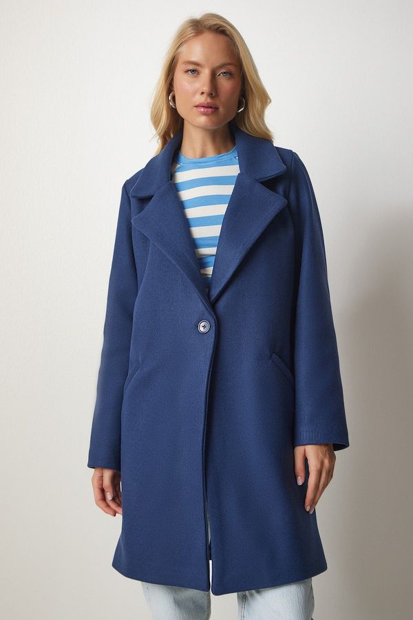 Happiness İstanbul Happiness İstanbul Women's Navy Blue Double Breasted Collar Buttoned Cachet Coat