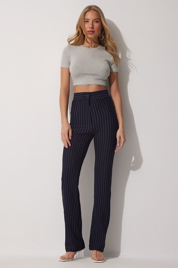 Happiness İstanbul Happiness İstanbul Women's Navy Blue High Waist Striped Trousers