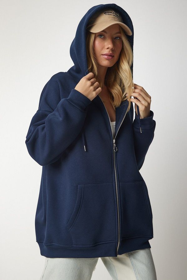 Happiness İstanbul Happiness İstanbul Women's Navy Blue Hooded Zipper Oversize Sweatshirt