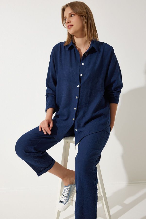 Happiness İstanbul Happiness İstanbul Women's Navy Blue Linen Oversize Shirt Loose Pants Set