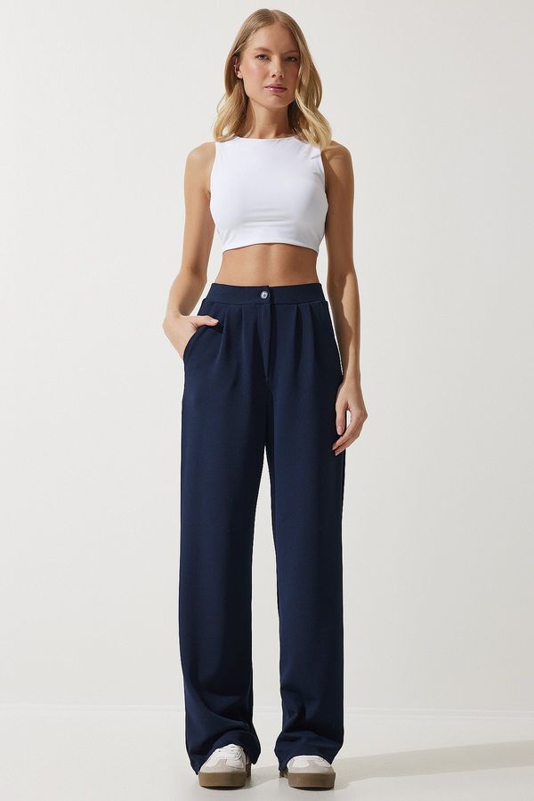 Happiness İstanbul Happiness İstanbul Women's Navy Blue Lycra Comfortable Palazzo Knitted Trousers