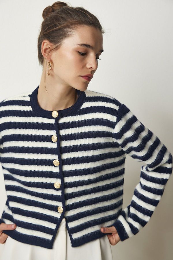 Happiness İstanbul Happiness İstanbul Women's Navy Blue Metal Button Detailed Striped Knitwear Cardigan