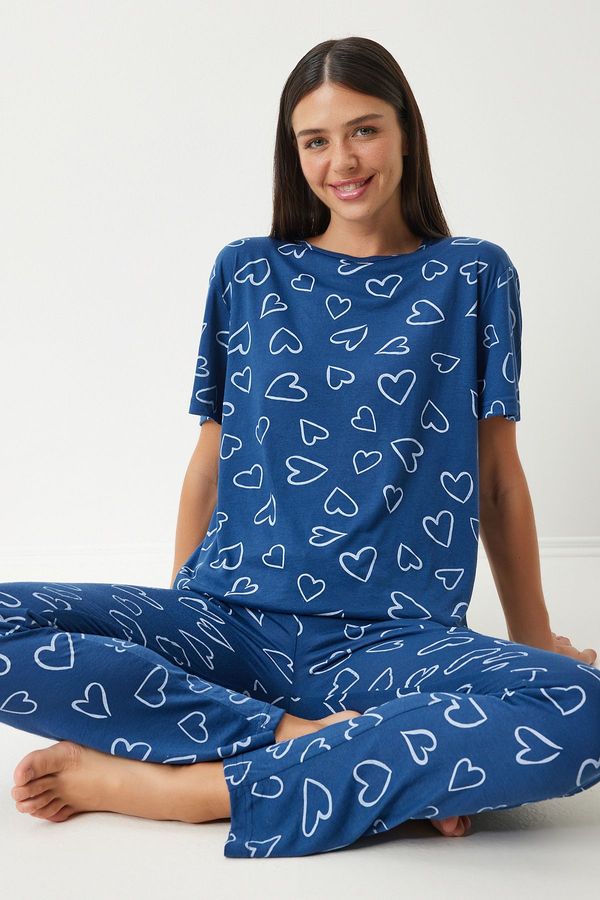 Happiness İstanbul Happiness İstanbul Women's Navy Blue Patterned Viscose Trousers T-Shirt Pajama Set