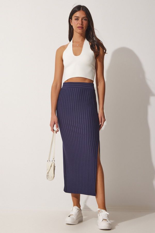 Happiness İstanbul Happiness İstanbul Women's Navy Blue Pinstripe Knitted Pencil Skirt with Slits