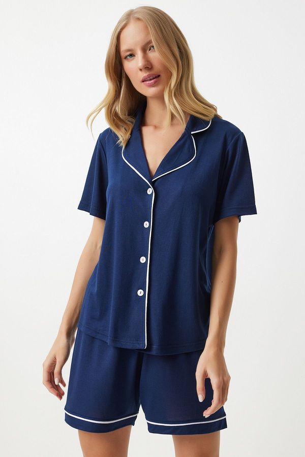 Happiness İstanbul Happiness İstanbul Women's Navy Blue Piping Detailed Shirt Shorts Pajama Set