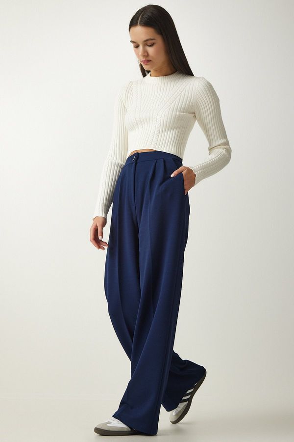 Happiness İstanbul Happiness İstanbul Women's Navy Blue Pleated Palazzo Trousers