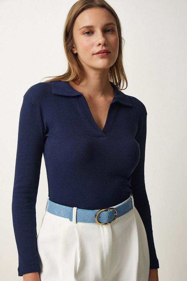Happiness İstanbul Happiness İstanbul Women's Navy Blue Polo Neck Ribbed Knitted Blouse