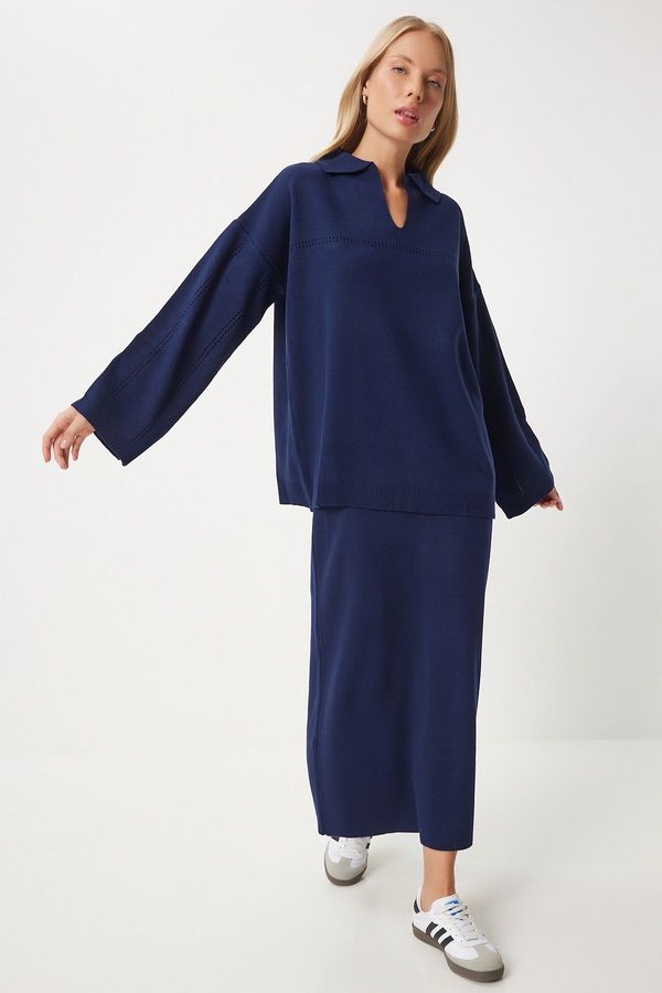 Happiness İstanbul Happiness İstanbul Women's Navy Blue Polo Neck Stylish Knitwear Sweater Skirt Suit