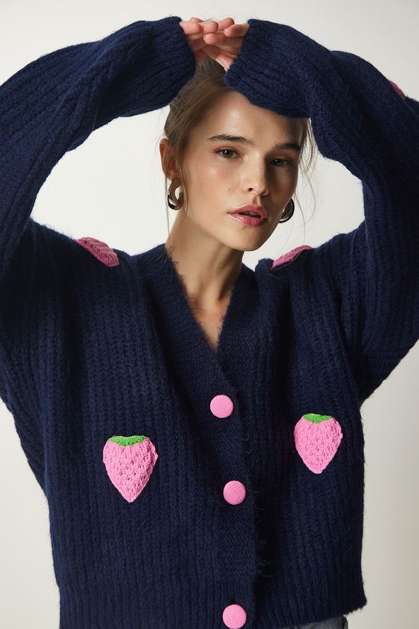 Happiness İstanbul Happiness İstanbul Women's Navy Blue Strawberry Motif Oversize Knitwear Cardigan