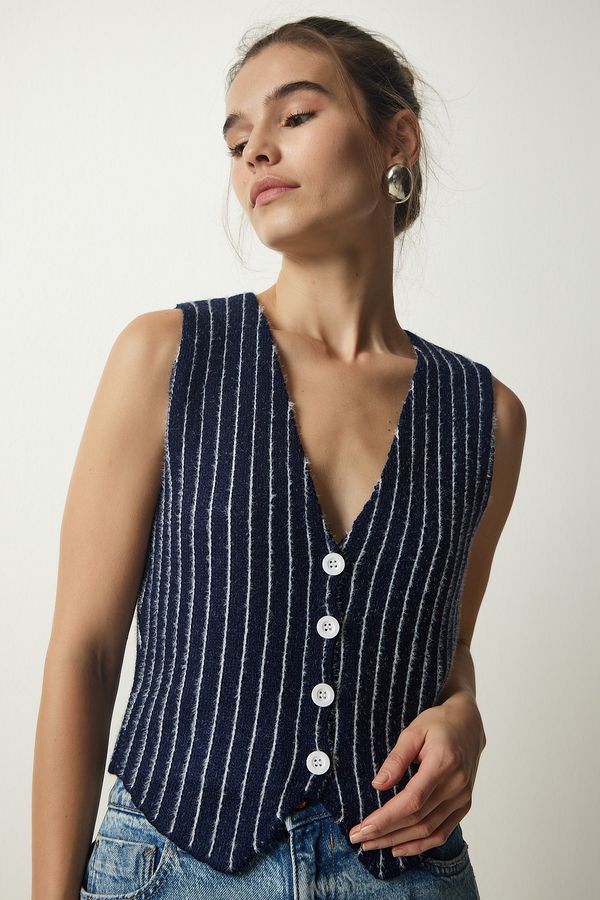 Happiness İstanbul Happiness İstanbul Women's Navy Blue Striped Raised Knitwear Vest