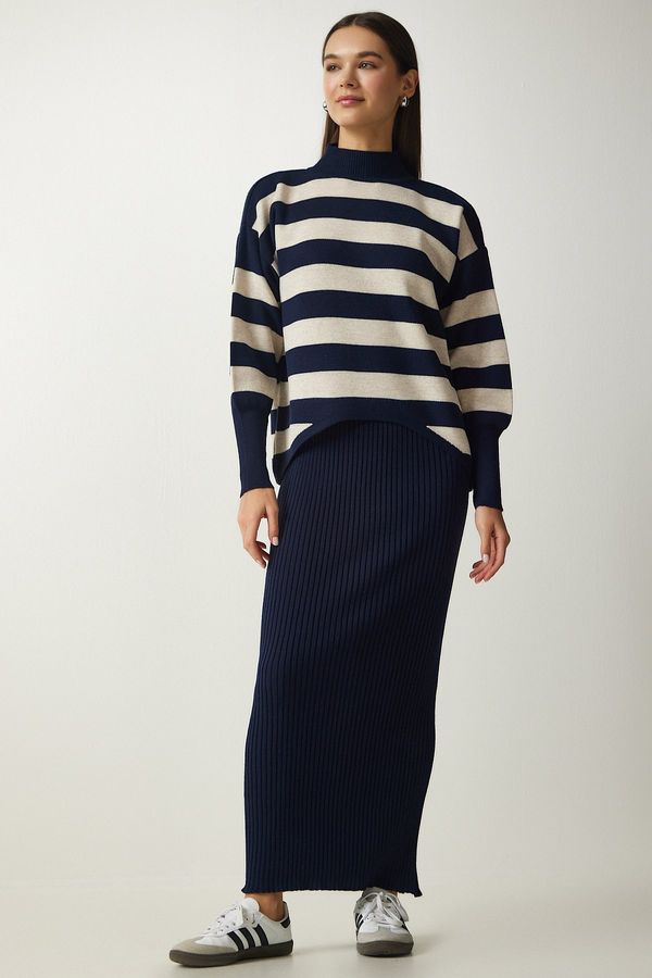 Happiness İstanbul Happiness İstanbul Women's Navy Blue Striped Sweater Dress Knitwear Suit