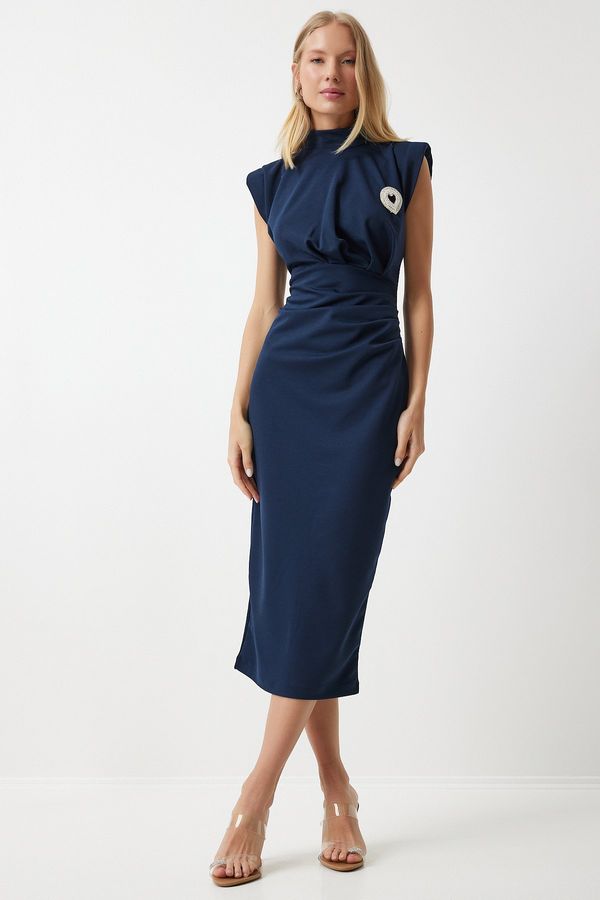 Happiness İstanbul Happiness İstanbul Women's Navy Blue Stylish Brooch Gathered Saran Knitted Dress