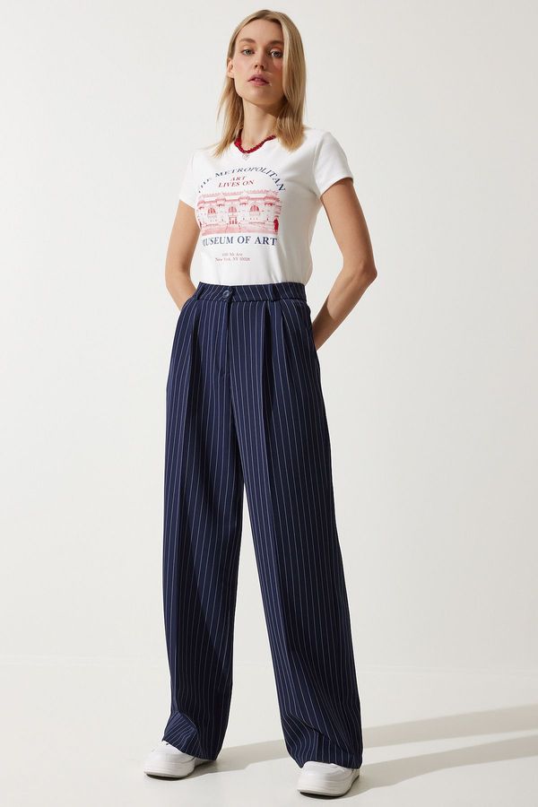Happiness İstanbul Happiness İstanbul Women's Navy Blue Thin Striped Masculine Palazzo Pants