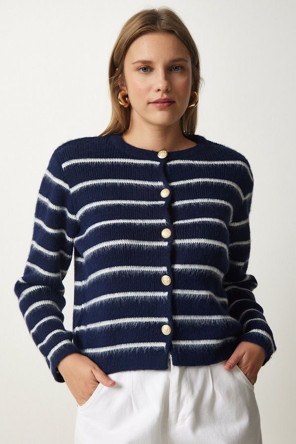 Happiness İstanbul Happiness İstanbul Women's Navy Blue White Stylish Buttoned Striped Knitwear Cardigan