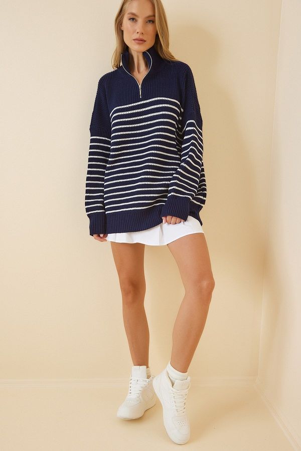 Happiness İstanbul Happiness İstanbul Women's Navy Blue White Zippered Stand-Up Collar Striped Oversized Sweater
