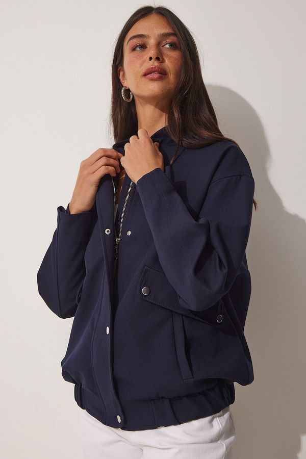 Happiness İstanbul Happiness İstanbul Women's Navy Blue Wide Pocket Bomber Coat