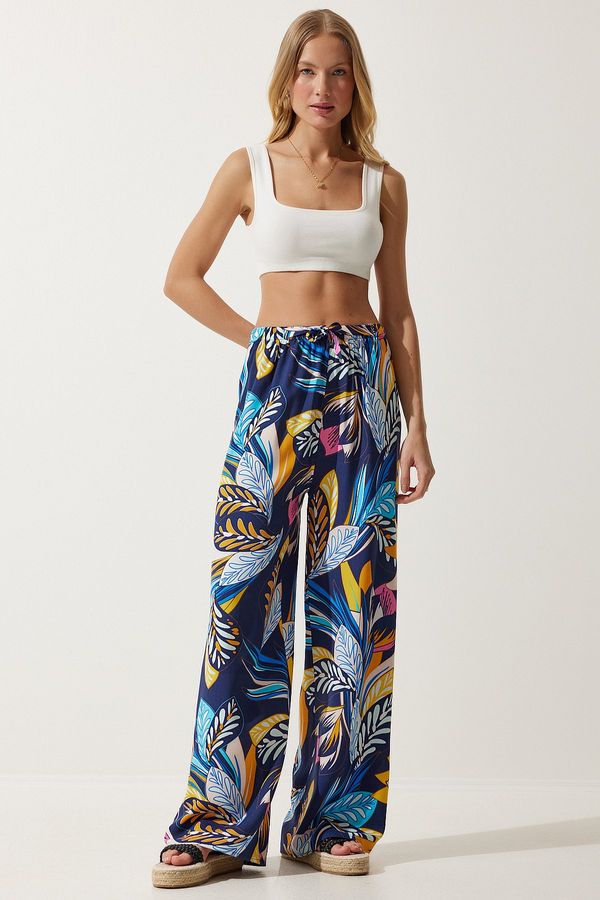 Happiness İstanbul Happiness İstanbul Women's Navy Blue Yellow High Waist Summer Wide Viscose Trousers