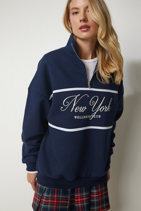 Happiness İstanbul Happiness İstanbul Women's Navy Blue Zipper Collar Printed Raised Sweatshirt