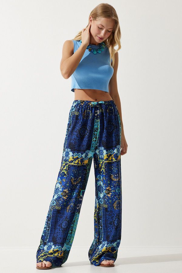 Happiness İstanbul Happiness İstanbul Women's Navy Light Blue Patterned Draped Viscose Palazzo Trousers