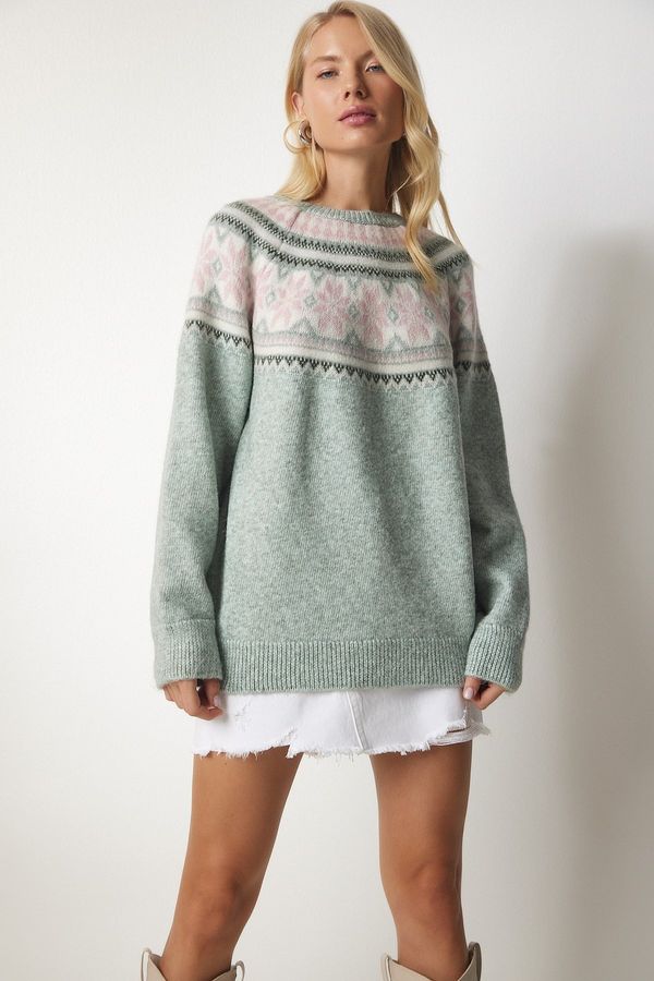 Happiness İstanbul Happiness İstanbul Women's Nile Green Patterned Comfort Knitwear Sweater
