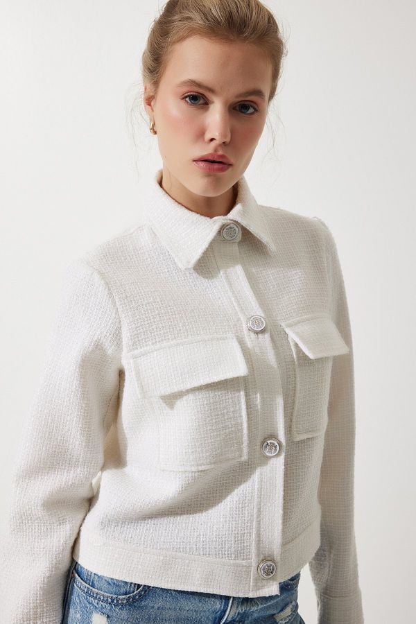 Happiness İstanbul Happiness İstanbul Women's Off-White Stylish Buttoned Woven Tweed Jacket with Pockets