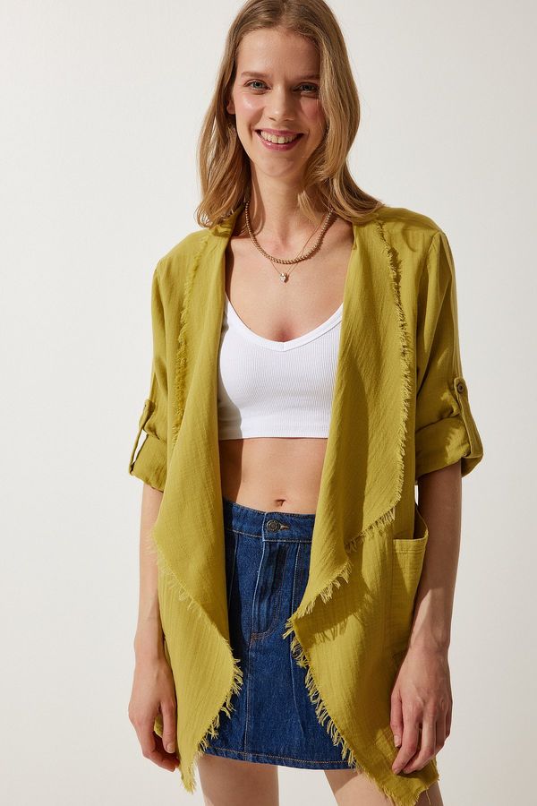 Happiness İstanbul Happiness İstanbul Women's Oil Green Fringe Detail Asymmetric Muslin Jacket