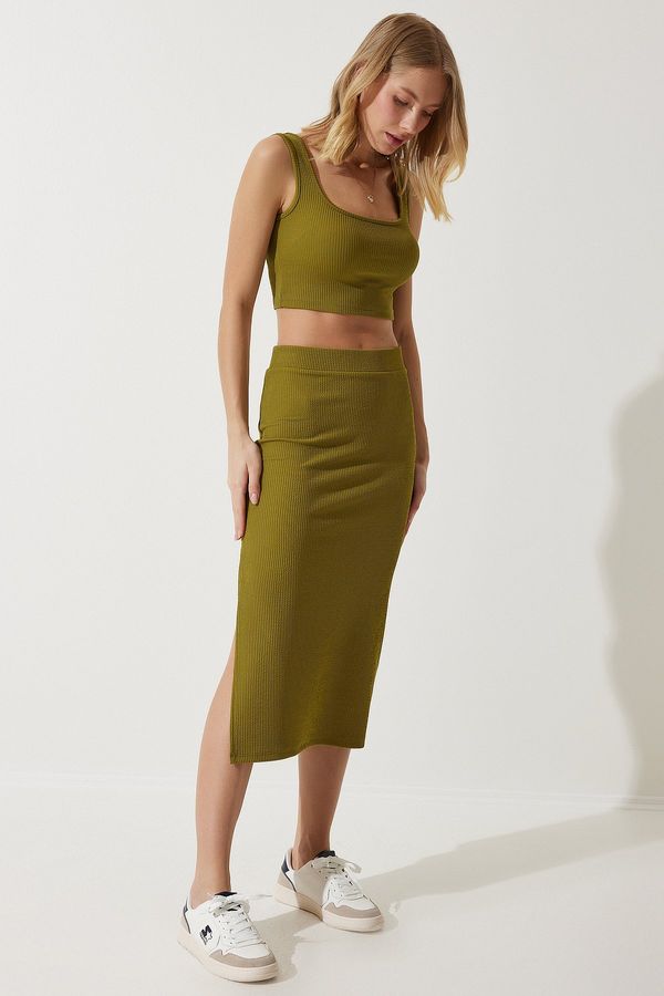 Happiness İstanbul Happiness İstanbul Women's Oil Green Strappy Crop Pencil Skirt Knitted Set