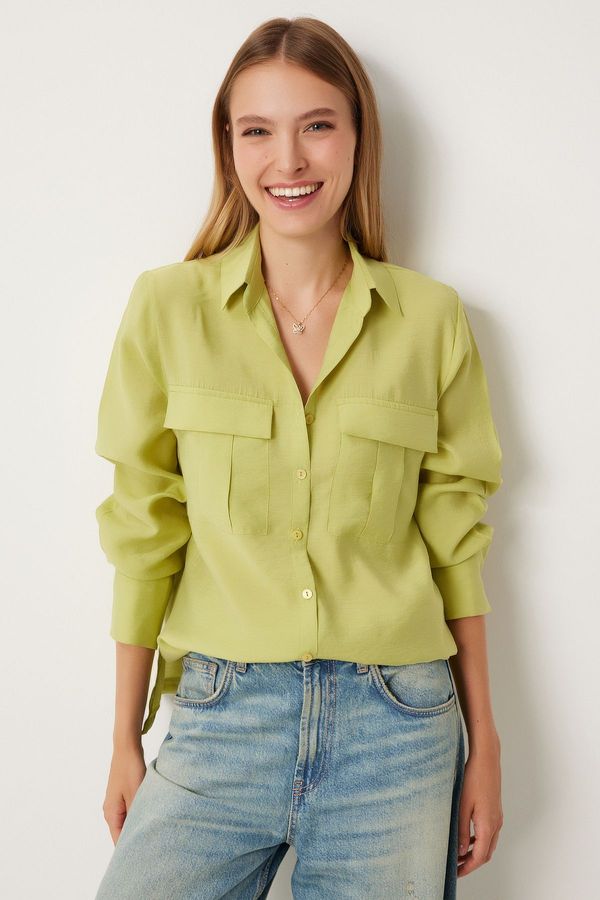 Happiness İstanbul Happiness İstanbul Women's Oil Green Wide Pocket Tencel Shirt