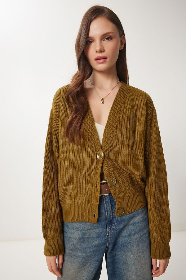 Happiness İstanbul Happiness İstanbul Women's Olive Green V-Neck Buttoned Knitwear Cardigan